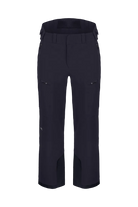 Front view of black Kjus Men’s FRX Lucas Shell Pants featuring 3-layer waterproof stretch fabric, zippered outer thigh vents, water-repellent zippers, and Schoeller Keprotec reinforced scuff guards.
