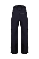 Rear view of black Kjus Men’s FRX Lucas Shell Pants featuring 3-layer waterproof stretch fabric, zippered outer thigh vents, water-repellent zippers, and Schoeller Keprotec reinforced scuff guards.