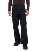 Front view of black Kjus Men’s FRX Lucas Shell Pants featuring 3-layer waterproof stretch fabric, zippered outer thigh vents, water-repellent zippers, and Schoeller Keprotec reinforced scuff guards.