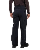 Rear view of black Kjus Men’s FRX Lucas Shell Pants featuring 3-layer waterproof stretch fabric, zippered outer thigh vents, water-repellent zippers, and Schoeller Keprotec reinforced scuff guards.