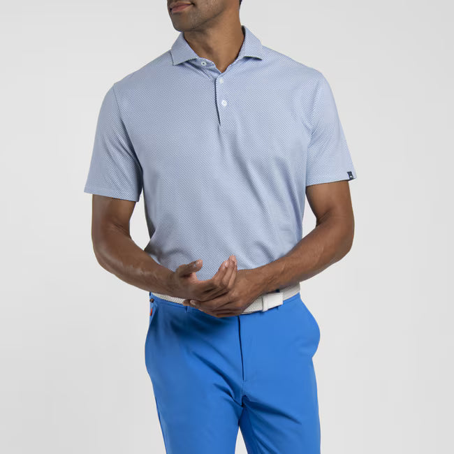 KJUS Men's Hollow Pima Print short sleeve golf polo with breathable stretch fabric and modern printed design for golf wear