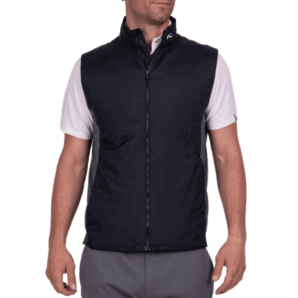 KJUS Men's Radiation Vest featuring lightweight synthetic insulation, stretch side panels, zippered pockets, and an athletic fit for skiing and winter layering.