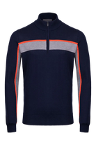 Front view of a navy Kjus Men’s Tracks Sweater featuring technical wool-blend knit fabric, dynamic multi-directional stretch, flatlock seam detailing, and elasticized cuffs.
