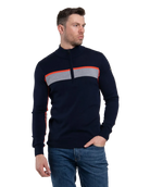 Front view of a navy Kjus Men’s Tracks Sweater featuring technical wool-blend knit fabric, dynamic multi-directional stretch, flatlock seam detailing, and elasticized cuffs.