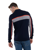 Rear view of a navy Kjus Men’s Tracks Sweater featuring technical wool-blend knit fabric, dynamic multi-directional stretch, flatlock seam detailing, and elasticized cuffs.