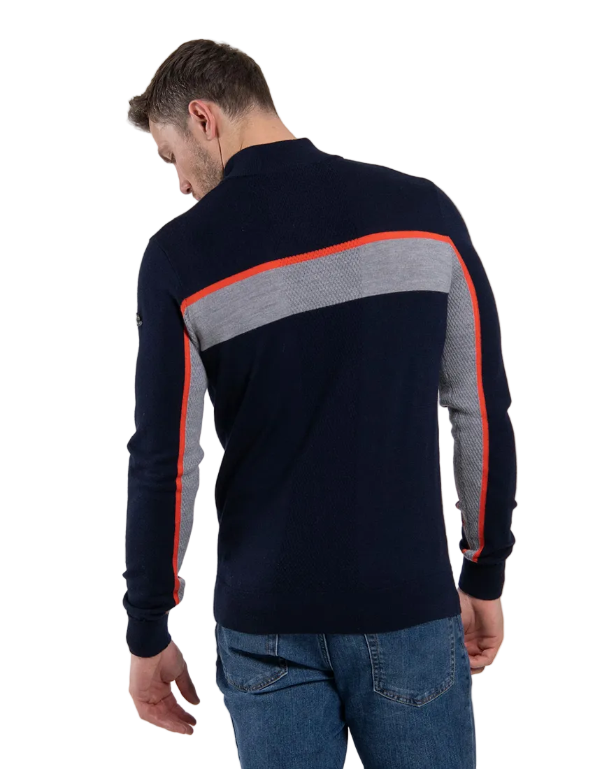 Rear view of a navy Kjus Men’s Tracks Sweater featuring technical wool-blend knit fabric, dynamic multi-directional stretch, flatlock seam detailing, and elasticized cuffs.
