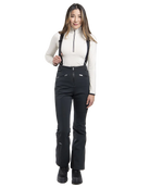 Front view of black Kjus Women’s Core Embrace Pants featuring 4-way stretch waterproof fabric, high-efficiency thermal insulation, water-repellent zippers, reinforced scuff guards, and internal snow gaiters.