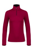 Front view of a Kjus Women’s Feel Midlayer Half-Zip Sweater featuring soft brushed-back fabric, a half-zip stand-up collar, multi-directional stretch, and flatlock seam construction.
