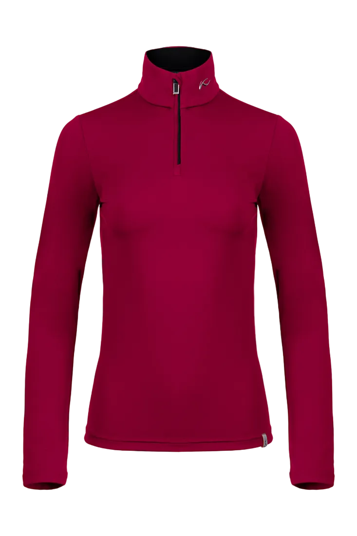 Front view of a Kjus Women’s Feel Midlayer Half-Zip Sweater featuring soft brushed-back fabric, a half-zip stand-up collar, multi-directional stretch, and flatlock seam construction.
