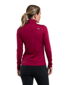 Rear view of a Kjus Women’s Feel Midlayer Half-Zip Sweater featuring soft brushed-back fabric, a half-zip stand-up collar, multi-directional stretch, and flatlock seam construction.