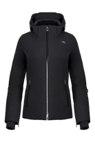 Front view of a black Kjus Women’s Formula Jacket featuring 4-way stretch waterproof fabric, Fast Thermo Core insulation, water-repellent zippers, AC-Vent forearm ports, and a detachable helmet-compatible hood.