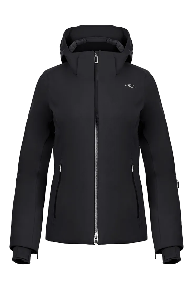 Front view of a black Kjus Women’s Formula Jacket featuring 4-way stretch waterproof fabric, Fast Thermo Core insulation, water-repellent zippers, AC-Vent forearm ports, and a detachable helmet-compatible hood.