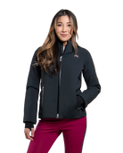 Front view of a black Kjus Women’s Formula Jacket featuring 4-way stretch waterproof fabric, Fast Thermo Core insulation, water-repellent zippers, AC-Vent forearm ports, and a detachable helmet-compatible hood.
