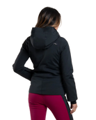 Rear view of a black Kjus Women’s Formula Jacket featuring 4-way stretch waterproof fabric, Fast Thermo Core insulation, water-repellent zippers, AC-Vent forearm ports, and a detachable helmet-compatible hood.