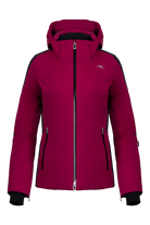 Front view of a velvet rouge/black Kjus Women’s Formula Jacket featuring 4-way stretch waterproof fabric, Fast Thermo Core insulation, water-repellent zippers, AC-Vent forearm ports, and a detachable helmet-compatible hood.