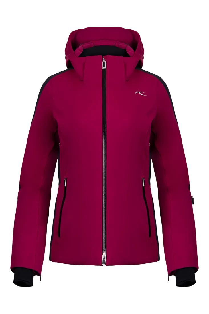 Front view of a velvet rouge/black Kjus Women’s Formula Jacket featuring 4-way stretch waterproof fabric, Fast Thermo Core insulation, water-repellent zippers, AC-Vent forearm ports, and a detachable helmet-compatible hood.