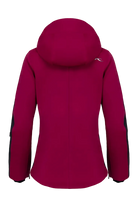 Rear view of a velvet rouge/black Kjus Women’s Formula Jacket featuring 4-way stretch waterproof fabric, Fast Thermo Core insulation, water-repellent zippers, AC-Vent forearm ports, and a detachable helmet-compatible hood.