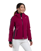 Front view of a velvet rouge/black Kjus Women’s Formula Jacket featuring 4-way stretch waterproof fabric, Fast Thermo Core insulation, water-repellent zippers, AC-Vent forearm ports, and a detachable helmet-compatible hood.