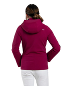 Rear view of a velvet rouge/black Kjus Women’s Formula Jacket featuring 4-way stretch waterproof fabric, Fast Thermo Core insulation, water-repellent zippers, AC-Vent forearm ports, and a detachable helmet-compatible hood.