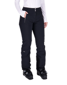 Front view of black Kjus Women’s Formula Pants featuring 4-way stretch waterproof fabric, Fast Thermo Core insulation, water-repellent zippers, and Schoeller Keprotec reinforced scuff guards.