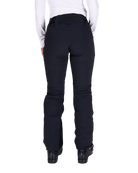 Rear view of black Kjus Women’s Formula Pants featuring 4-way stretch waterproof fabric, Fast Thermo Core insulation, water-repellent zippers, and Schoeller Keprotec reinforced scuff guards.