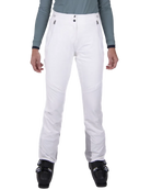 Front view of white Kjus Women’s Formula Pants featuring 4-way stretch waterproof fabric, Fast Thermo Core insulation, water-repellent zippers, and Schoeller Keprotec reinforced scuff guards.