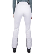 Rear view of white Kjus Women’s Formula Pants featuring 4-way stretch waterproof fabric, Fast Thermo Core insulation, water-repellent zippers, and Schoeller Keprotec reinforced scuff guards.