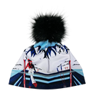 A photo of the Krimson Klover Apres Anyone Beanie featuring a fine-gauge ECOVERO™ viscose blend knit, interior fleece earband lining, folded ribbed cuff, custom graphic motif, and faux-fur pom topper.