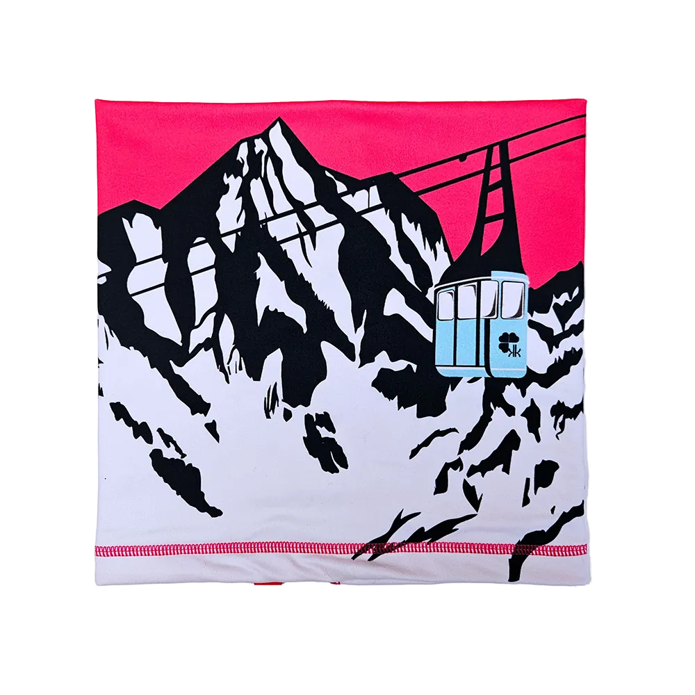 Front view of the Krimson Klover Gondola Neck Gaiter featuring a four-way stretch recycled polyester blend, brushed fleece interior lining, seamless finish, and custom alpine graphic print.