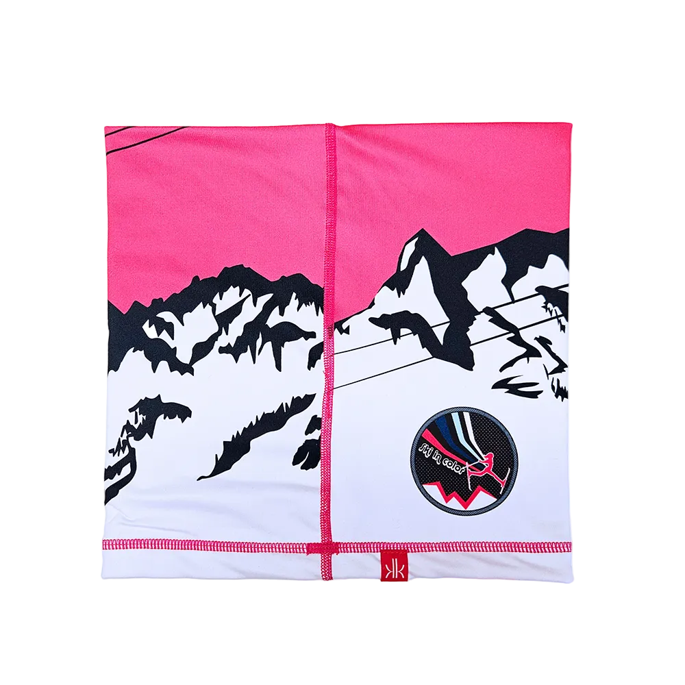Rear view of the Krimson Klover Gondola Neck Gaiter featuring a four-way stretch recycled polyester blend, brushed fleece interior lining, seamless finish, and custom alpine graphic print.