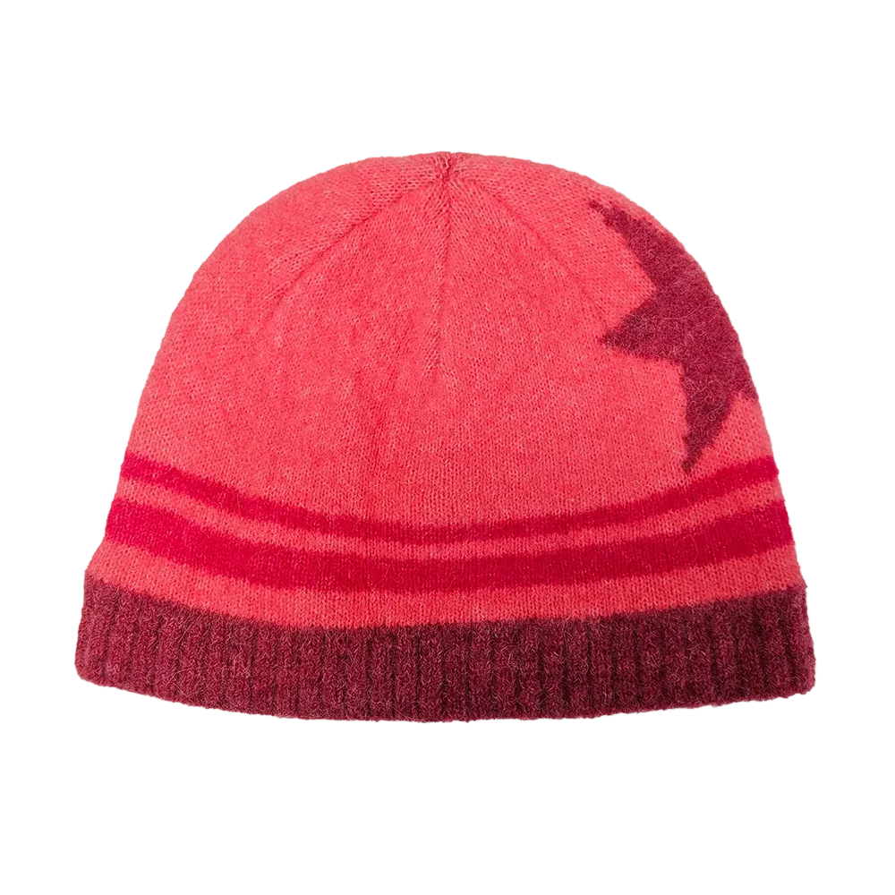 Front-view photo of an azalea Krimson Klover Lumi Beanie featuring a fine-gauge technical knit, interior fleece earband lining, folded cuff, and faux-fur pom topper.