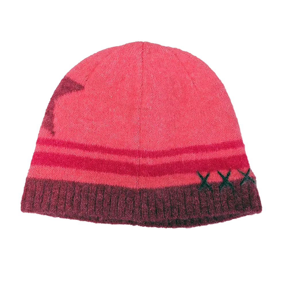 Rear-view photo of an azalea Krimson Klover Lumi Beanie featuring a fine-gauge technical knit, interior fleece earband lining, folded cuff, and faux-fur pom topper.