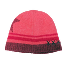 Rear-view photo of an azalea Krimson Klover Lumi Beanie featuring a fine-gauge technical knit, interior fleece earband lining, folded cuff, and faux-fur pom topper.
