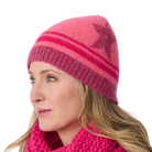 Front-view photo of an azalea Krimson Klover Lumi Beanie featuring a fine-gauge technical knit, interior fleece earband lining, folded cuff, and faux-fur pom topper.