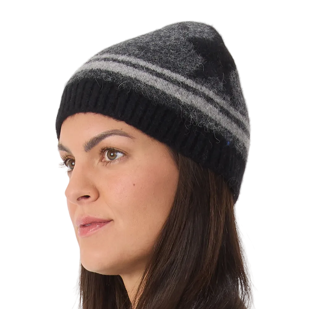 Front-view photo of a charcoal heather Krimson Klover Lumi Beanie featuring a fine-gauge technical knit, interior fleece earband lining, folded cuff, and faux-fur pom topper.