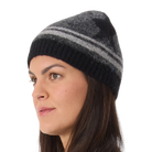 Front-view photo of a charcoal heather Krimson Klover Lumi Beanie featuring a fine-gauge technical knit, interior fleece earband lining, folded cuff, and faux-fur pom topper.