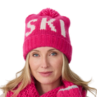 Photo of the Krimson Klover Ski Beanie featuring a Merino wool and baby alpaca knit, interior fleece earband lining, folded cuff, bold jacquard text graphic, and top yarn pom.