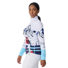 Side view of the Krimson Klover Women’s Apres Anyone Sweater featuring a mid-weight ECOVERO™ viscose blend knit, classic crew neck design, graphic front motif, and ribbed trim on the collar, cuffs, and hem.
