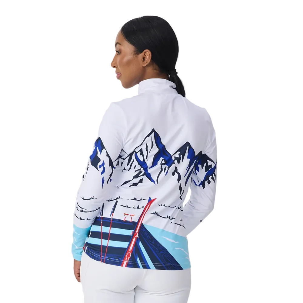 Rear view of the Krimson Klover Women’s Apres Anyone Sweater featuring a mid-weight ECOVERO™ viscose blend knit, classic crew neck design, graphic front motif, and ribbed trim on the collar, cuffs, and hem.
