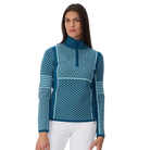Front view of a teal Krimson Klover Women’s Pow 1/2 Zip Sweater featuring a mid-weight technical stretch knit, deep half-zip front zipper with chin guard, flatlock seams, and graphic print.
