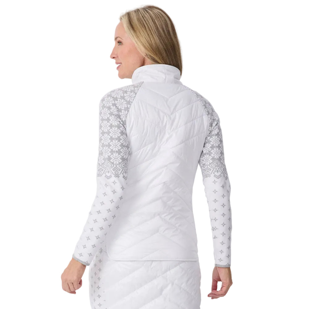 Rear view of a white Krimson Klover Women’s Switchback Sierra Jacket featuring a quilted insulated core, patterned knit stretch sleeves, full front zipper, and zippered hand pockets.