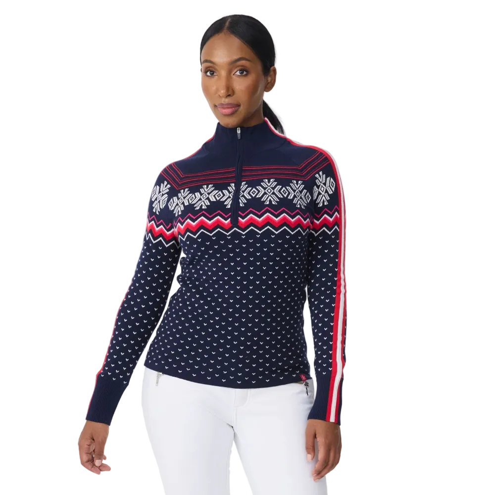 Front view of a navy Krimson Klover Women’s Snowhut 1/2 Zip Sweater featuring a technical four-way stretch knit, tall stand-up collar, deep half-zip front zipper, and flatlock seams.