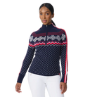 Front view of a navy Krimson Klover Women’s Snowhut 1/2 Zip Sweater featuring a technical four-way stretch knit, tall stand-up collar, deep half-zip front zipper, and flatlock seams.