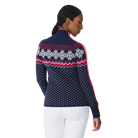 Rear view of a navy Krimson Klover Women’s Snowhut 1/2 Zip Sweater featuring a technical four-way stretch knit, tall stand-up collar, deep half-zip front zipper, and flatlock seams.