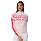 Front view of a white and pink Krimson Klover Women’s Snowhut 1/2 Zip Sweater featuring a technical four-way stretch knit, tall stand-up collar, deep half-zip front zipper, and flatlock seams.