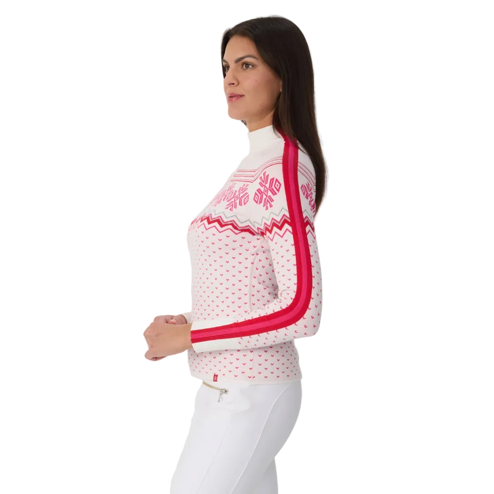 Side view of a white and pink Krimson Klover Women’s Snowhut 1/2 Zip Sweater featuring a technical four-way stretch knit, tall stand-up collar, deep half-zip front zipper, and flatlock seams.