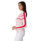 Side view of a white and pink Krimson Klover Women’s Snowhut 1/2 Zip Sweater featuring a technical four-way stretch knit, tall stand-up collar, deep half-zip front zipper, and flatlock seams.