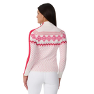 Rear view of a white and pink Krimson Klover Women’s Snowhut 1/2 Zip Sweater featuring a technical four-way stretch knit, tall stand-up collar, deep half-zip front zipper, and flatlock seams.
