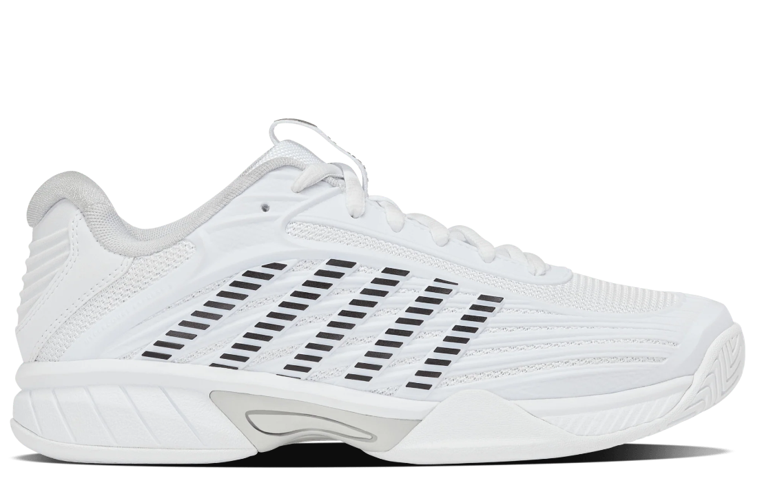A side profile of a white Kswiss Junior Hypercourt Express 3 tennis shoe that offers enhanced stability and strong grip.