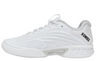 A side profile of a white Kswiss Junior Hypercourt Express 3 tennis shoe that offers enhanced stability and strong grip.